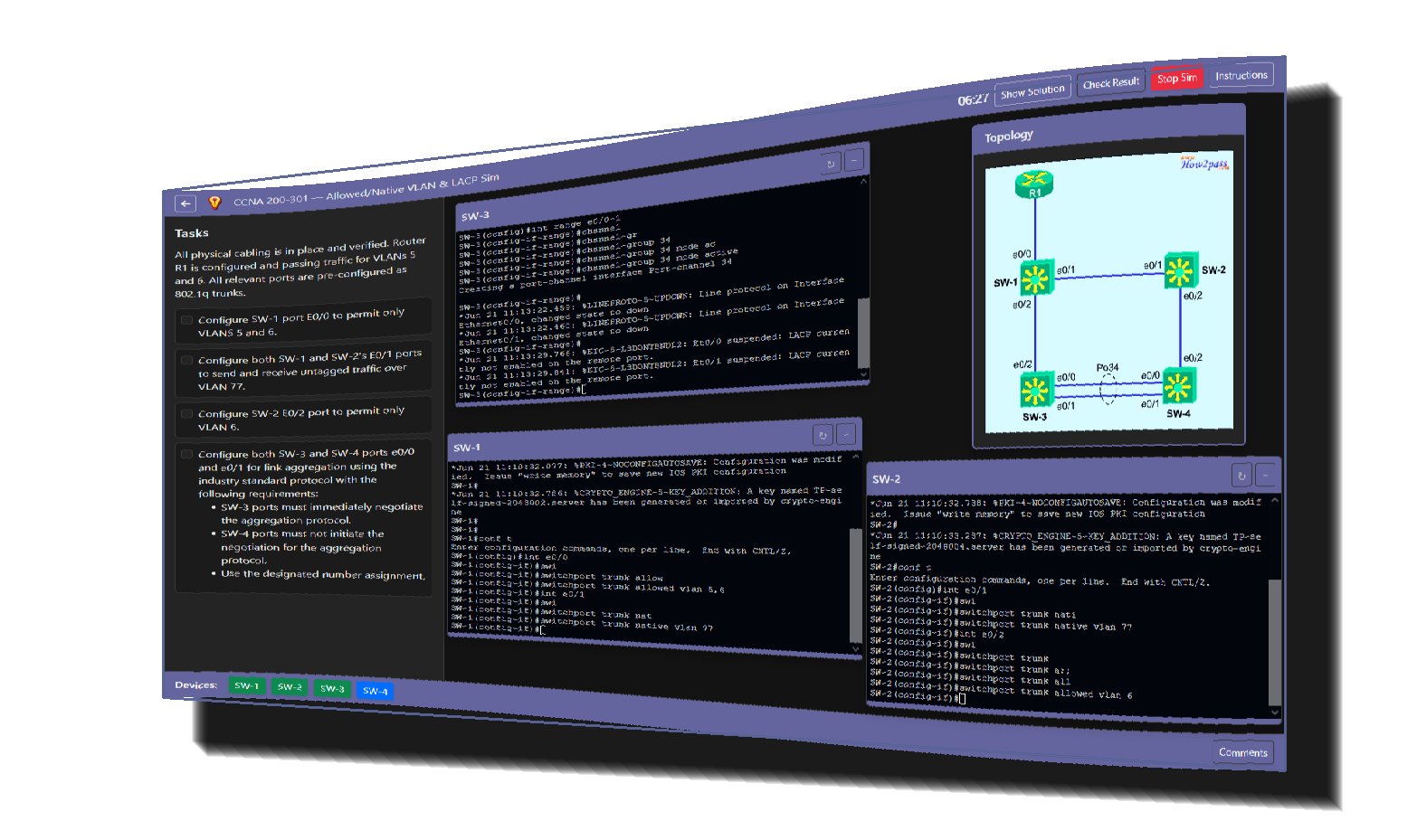 CCNP 350-401 ENCOR hands-on lab with configuration tasks, network topology, and multiple command-line consoles