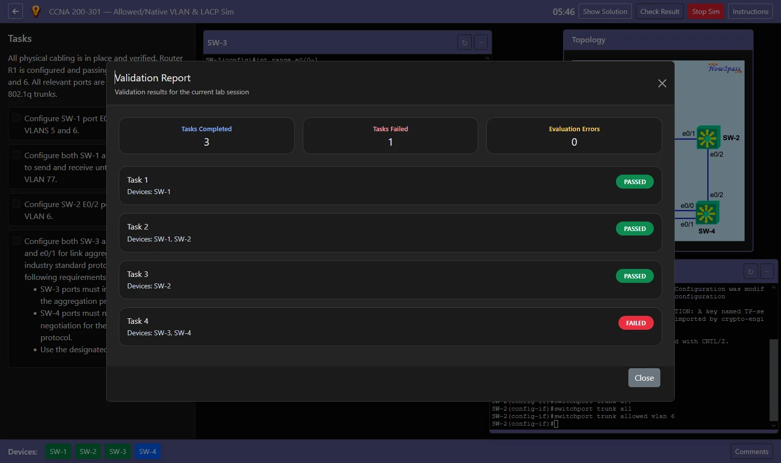 ENCOR lab simulation validation report showing passed and failed configuration tasks